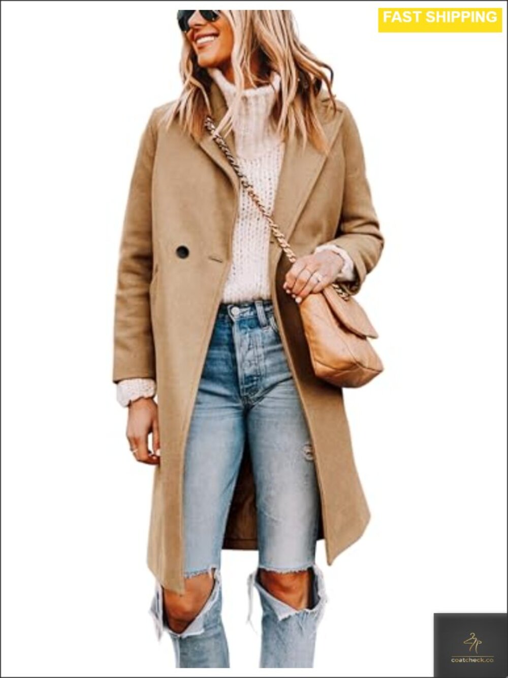 Wool Blend Pea Coat Long Sleeve Notch Collar Knee Length